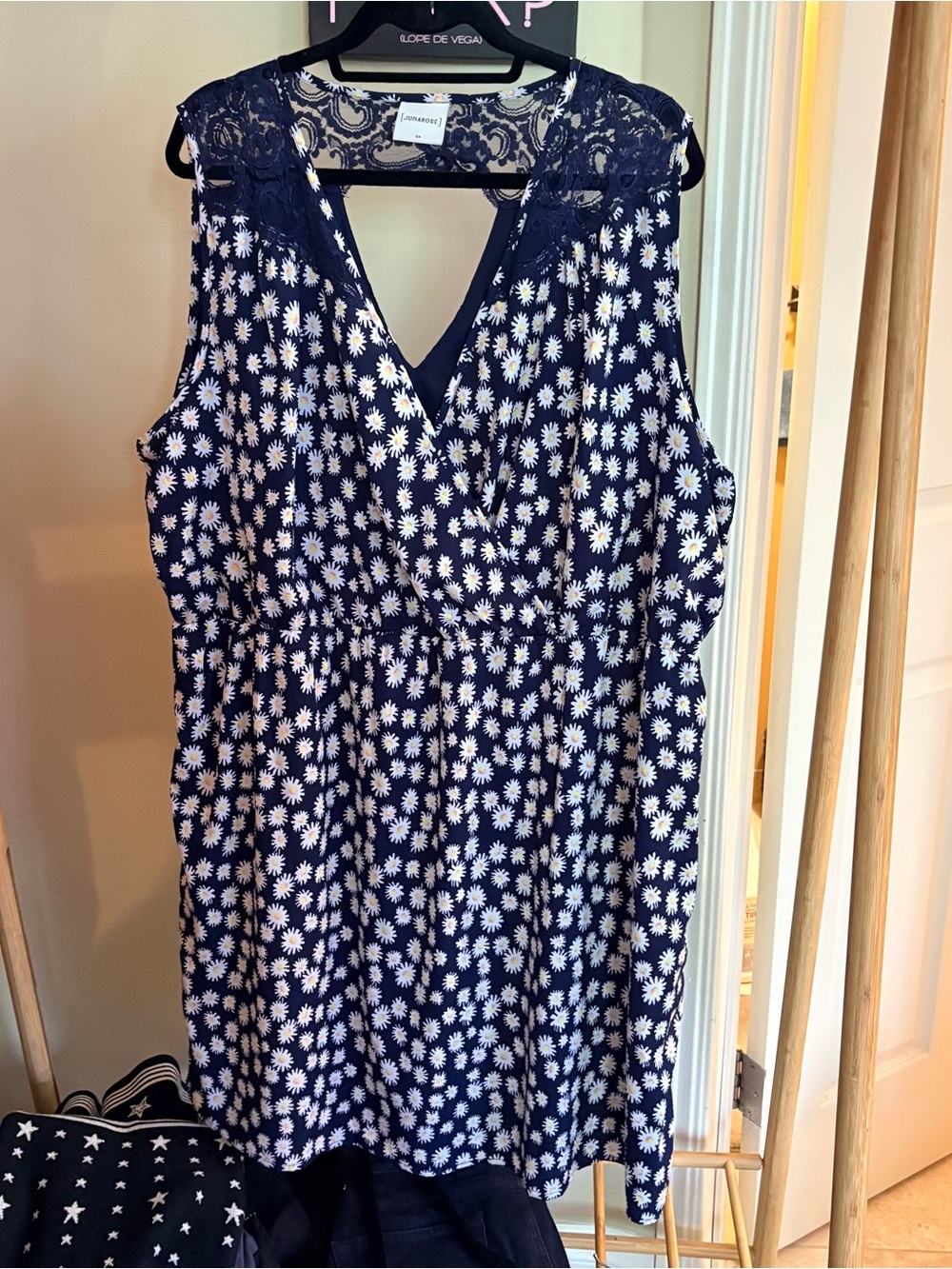 Junarose Navy and White Daisy Print Lace-Trim Mini Dress